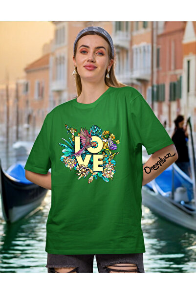 oneagılyazı تي شيرت نسائي كبير الحجم مطبوع عليه زهرة Lov