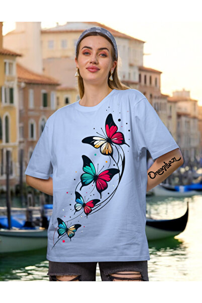 oneagılyazı Višestruki leptir Sa deznom Štampano Ženski Oversize kroj T-shirt