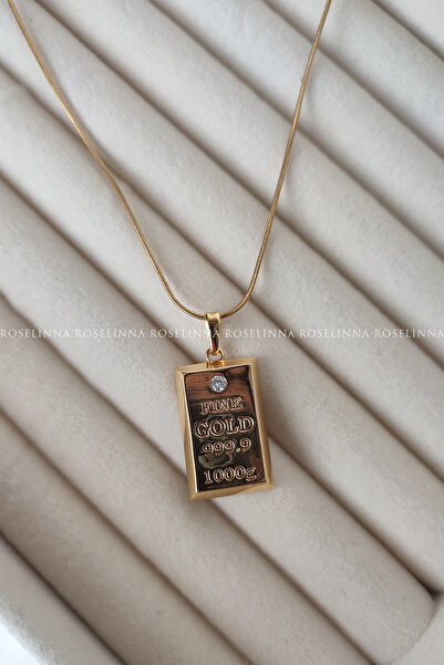 ROSELİNNA Külçe Altınlı Kolye, Altın Kaplama Zirkon Taşlı Külçe Altın Kolye, ...