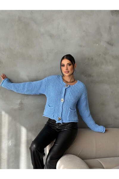 Meros Atelier Zr Model Bebe Mavisi Gold Düğmeli Triko Hırka