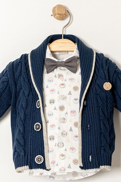 Bebüş Knitted Navy Blue Cardigan Bow Tie Animal Print Shirt Smoked Pants 3 Piece Baby Boy Suit 15024