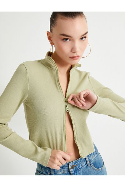 Koton Zippered Knitwear Cardigan - Stand Collar Camisole Long Sleeve