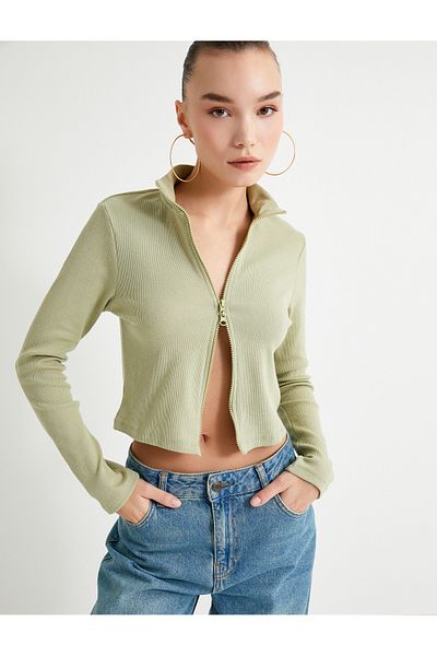 Koton Zippered Knitwear Cardigan - Stand Collar Camisole Long Sleeve