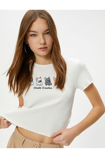 Koton Dog Printed Crop T-Shirt Short Sleeve Crew Neck Textured Cotton