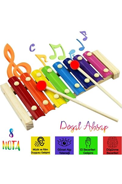 Dogal Ahşap Ürünler Eğitici Ahşap Ksilofon 8 Nota 8 Ton 24 cm 8 Tuşlu Sesli S...
