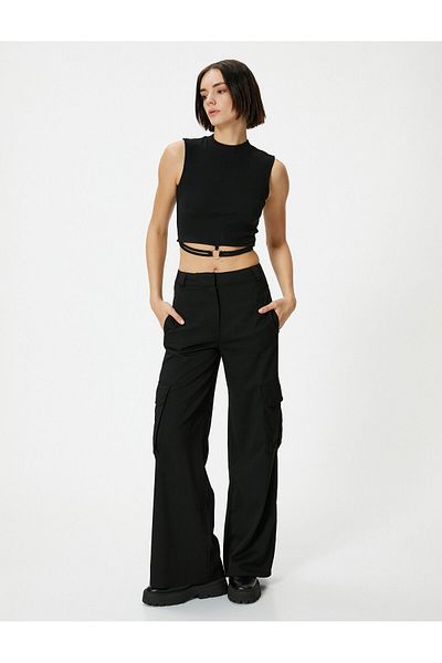 Koton Stand Collar Crop Tank Top with Metal Accessory Detail