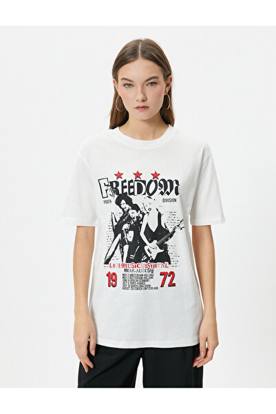 Koton Potištěné tričko s krátkým rukávem a výstřihem z bavlny s hudebním motivem