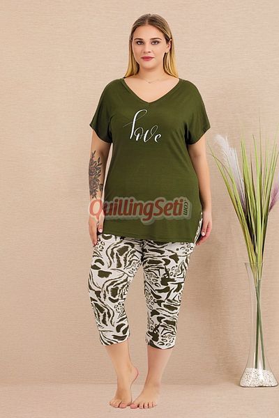 quilling Khaki Color and Print Lady 10715 Women's Capri Plus Size Pajamas Set