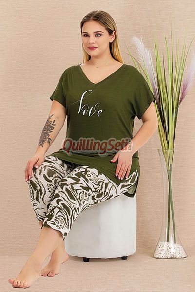 quilling Khaki Color and Print Lady 10715 Women's Capri Plus Size Pajamas Set