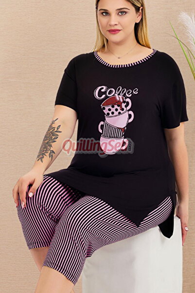 quilling Black - Pink Color & Stripe Lady 10728 Women's Capri Plus Size Pajamas Set