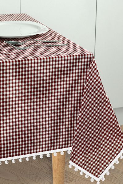 Soft Kare Pompon Series Small Checkered Pompom Tablecloth, Picnic Tablecloth, Classic Tablecloth