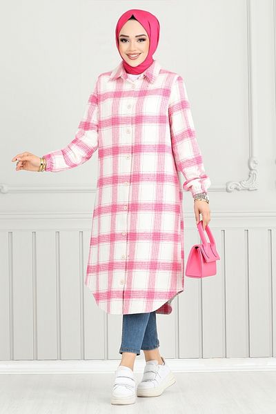 ModaMerve Pink Plaid Tunic - Front Button, Model 4446Ktr927-M