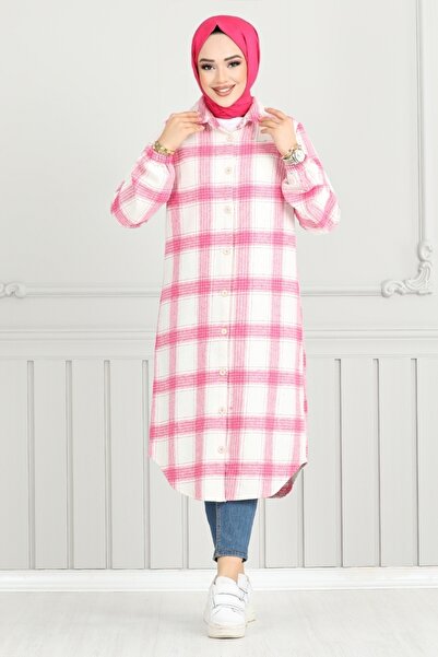 ModaMerve Pink Plaid Tunic - Front Button, Model 4446Ktr927-M