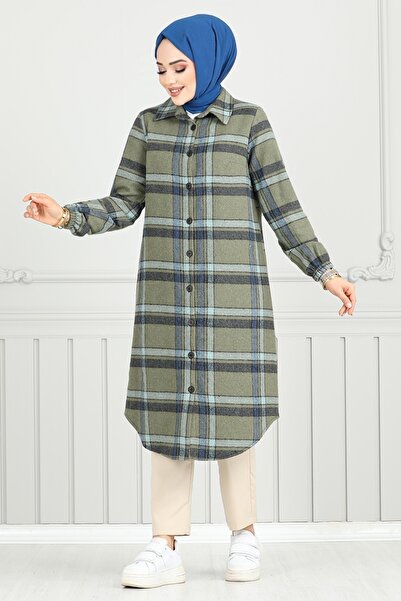ModaMerve Front Button Plaid Tunic 4446Ktr927-M Laci&Khaki