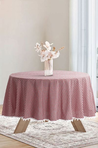 Soft Kare Bommel Gingham Round Pompom Tablecloth Gingham Round
