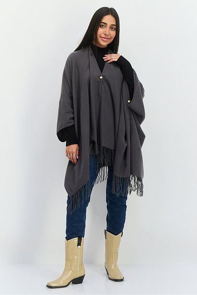 Jones of New York Women Plain Ruana Wrap 135 L X 78 H Cm, Charcoal