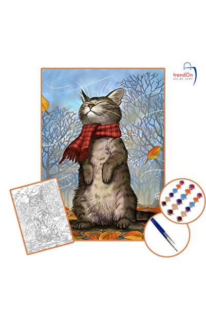 Tuval SAYILARLA BOYAMA SETİ - 25X35 ÇITALI TUVAL - 2Lİ FIRÇA - BOYA (FULL SET) - ORMAN KEDİSİ