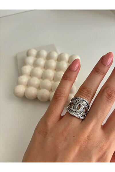 Ressia Marka Model VIP Baget Taşlı Beyaz Altın Kaplama Ayarlanabilir Çelik Yüzük