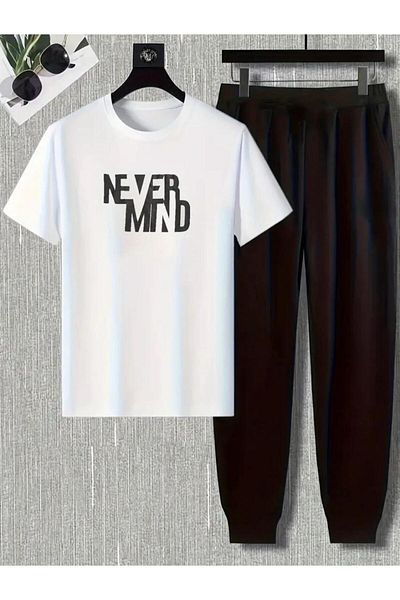 caddekombin Men's Never Mind Printed Jogger Tracksuit Set - Comfortable Fit, White