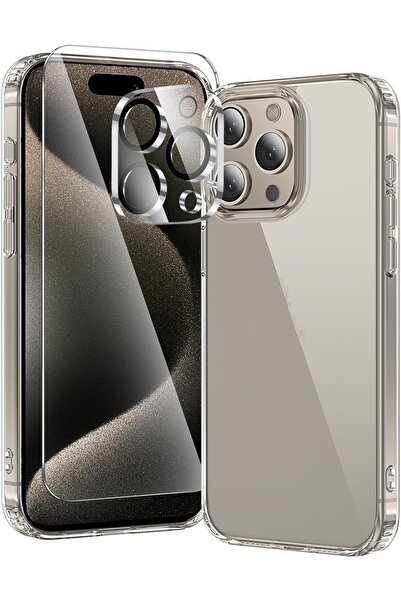 Evax (ŞEF+CAM+LENS) iPhone 15 Pro Max Uyumlu 1 Şeffaf Kılıf + 1 Ekran Koruyuc...