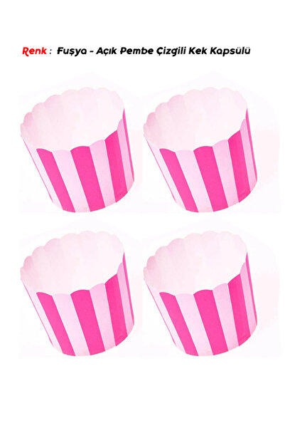 parti pera Fuşya - Açık Pembe Çizgili Cupcake Kek Kapsülü 15 Adet