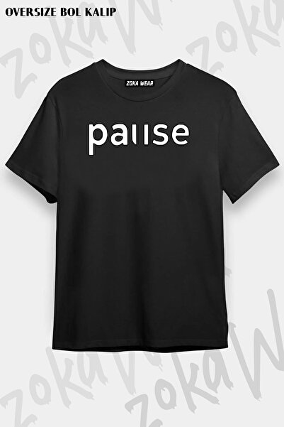 ZOKAWEAR Унисекс тениска с овърсайз шарка и щампа Pause
