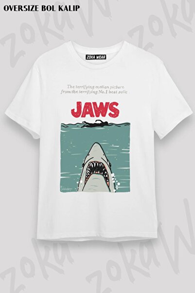 ZOKAWEAR Tricou imprimat unisex oversize Jaws Retro Vhs Cover Design
