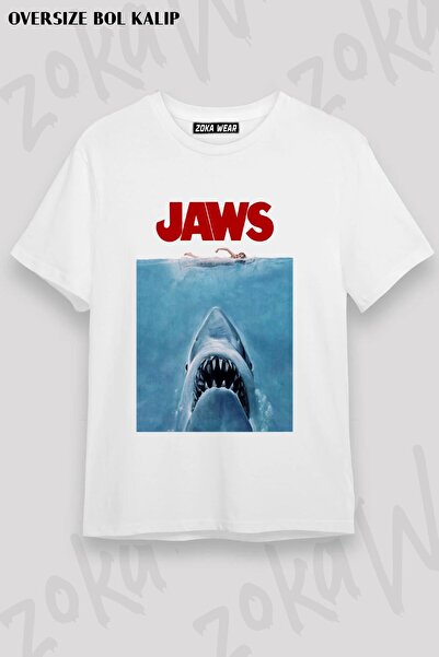 ZOKAWEAR Unisex Oversize Kalıp Poster Shark Film Jaws Tasarım Baskılı Tshirt
