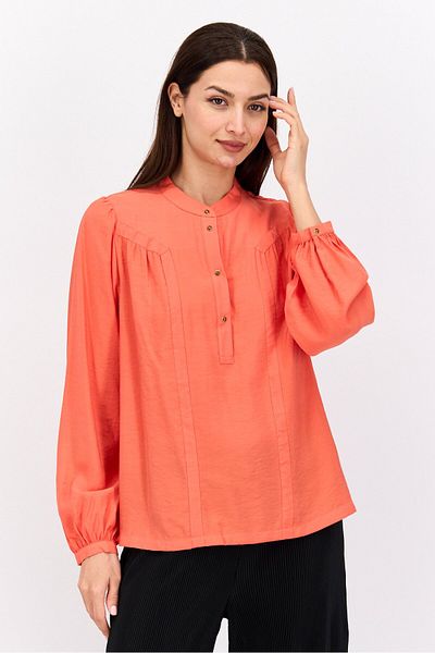 Scotch & Soda Women Band Collar Long Sleeve Pain Blouse, Red
