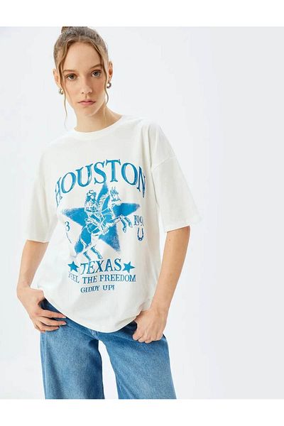 Koton Slogan Printed Crew Neck Ecru Women's T-Shirt 5Sal10114Ik