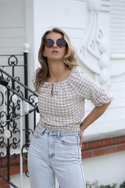 rapellin Tie Detailed Crop Blouse 1736 Mink