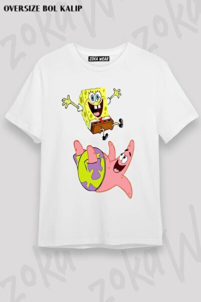ZOKAWEAR Unisex Oversize Kalıp Sünger Bob 2 Tasarım Baskılı Tshirt