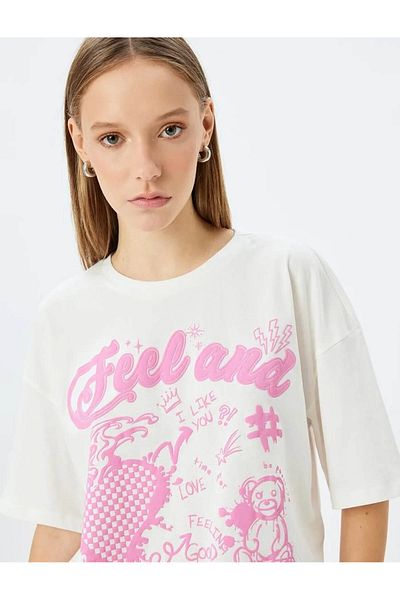 Koton Crew Neck Slogan Printed Comfortable Fit Short Sleeve T-Shirt