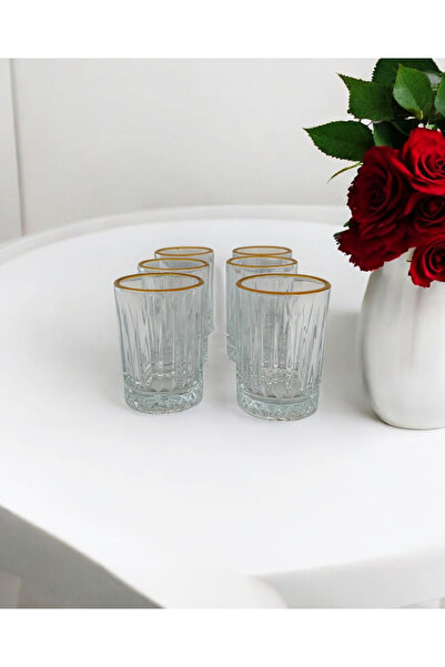 gkzglass home dekor Elysia Cam Yaldızlı Kahve Yanı Su Bardağı Sunum Seti 12'li Set