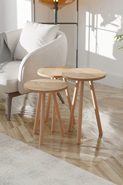 EGEMODÜLER Yuvarlak Yan Sehpa Ahşap Ayaklı Zigon Sehpa