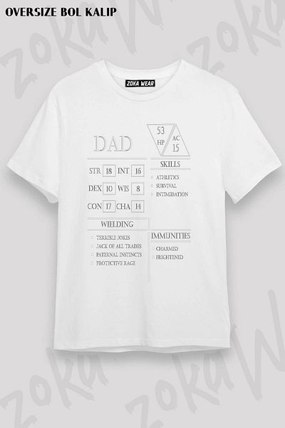 ZOKAWEAR Unisex Oversize Fit Dad Stats Φύλλο χαρακτήρων Λευκό σχέδιο με στάμπα μπλουζάκι