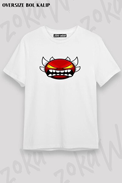 ZOKAWEAR Unisex Oversize Kalıp Geometry dash Extreme demon Tasarım Baskılı Ts...