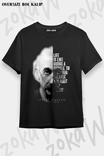 ZOKAWEAR تي شيرت مطبوع بتصميم صورة أينشتاين مقاس كبير للجنسين