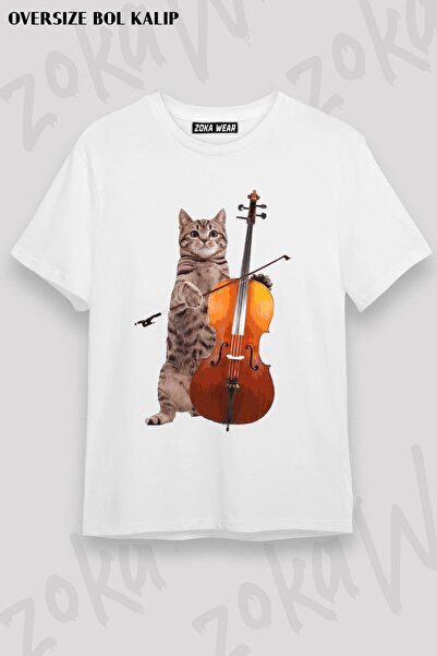 ZOKAWEAR Унисекс тениска с голям размер и щампа с виолончело и котка, дизайн ...
