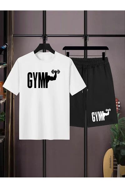 Elfa Tekstil Unisex Adult Oversize Gym Printed T-Shirt Set - Short & Top Set