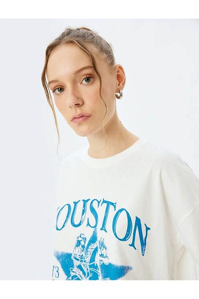 Koton Slogan Printed Crew Neck Ecru Women's T-Shirt 5Sal10114Ik