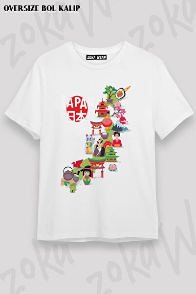 ZOKAWEAR Unisex Oversize kroj Mold Japan Flag Travel Map Design Štampano majica