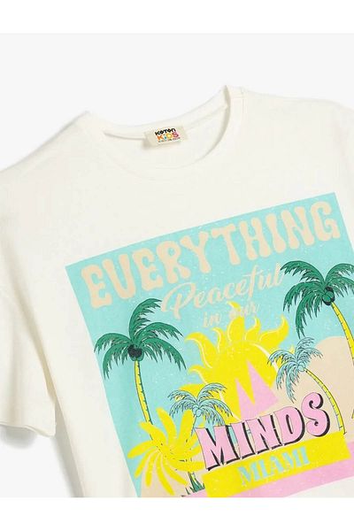Koton Tropical Printed Ecru Girl's T-Shirt 5Skg10141Ak