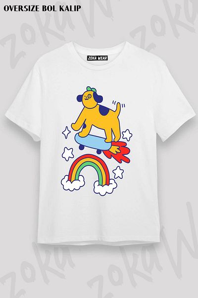 ZOKAWEAR Unisex Oversize στολή σκύλος που πετάει σε μπλουζάκι με στάμπα με σχέδιο σκέιτμπορντ