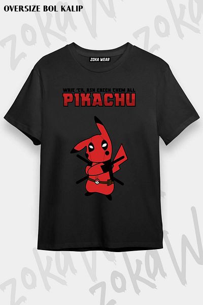 ZOKAWEAR Tricou unisex oversize Deadpool Pikachu cu imprimeu