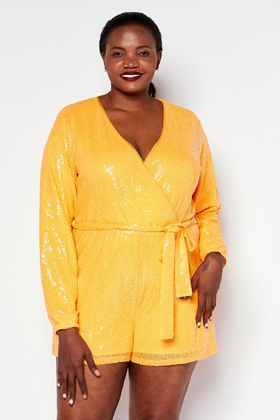 IN THE STYLE Women Plus Size Embellished Long Sleeve Playsuit, Orange