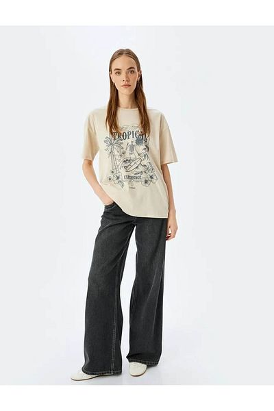 Koton Slogan Printed Short Sleeve Crew Neck Oversize T-Shirt
