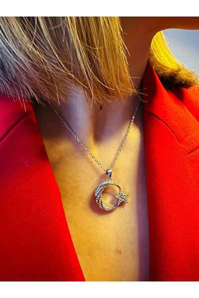 Aytun Zirkon Taşlı Gümüş Ay Yıldız Türk Bayrağı Çelik Kolye