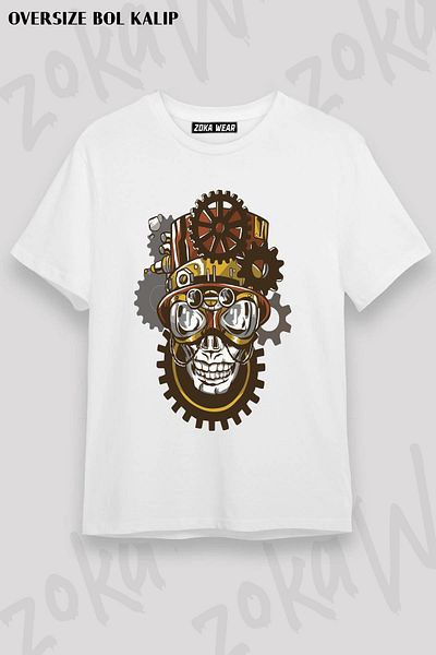 ZOKAWEAR Tricou imprimat unisex oversize cu design robot schelet