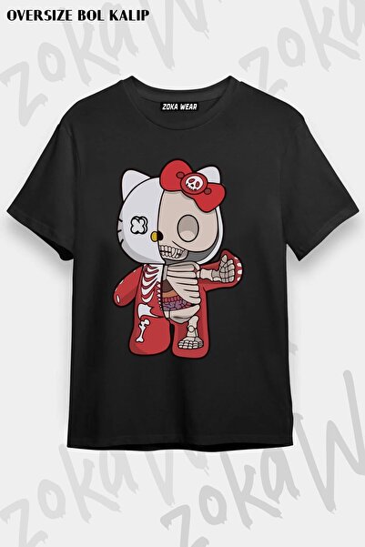 ZOKAWEAR Unisex Oversize kroj Mold Hello Kitty Half Skeleton Design Štampano ...